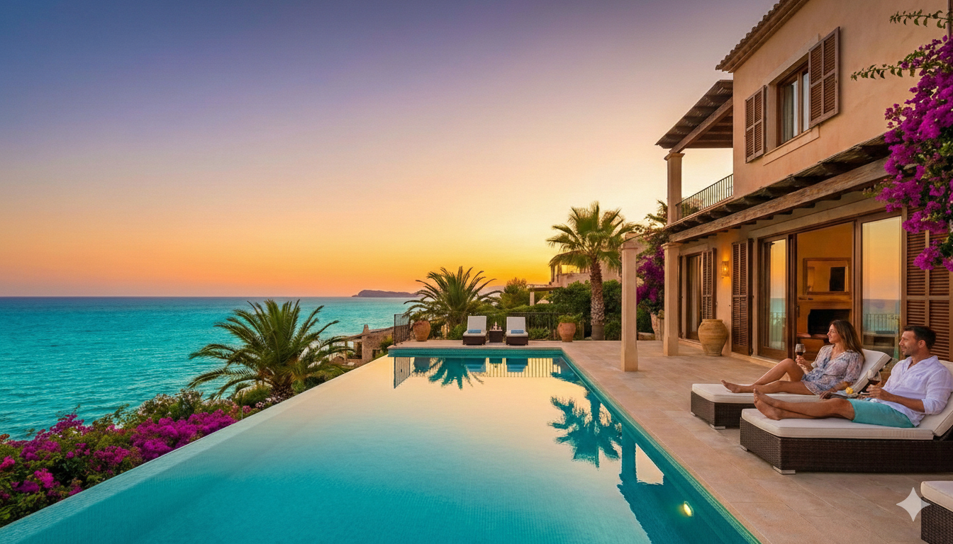 Luxury villa with pool at sunset